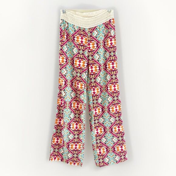 Stoosh Boho Pull On Pants Womens Size S Wide Leg Crochet Waist Flowy Colorful - Picture 1 of 12